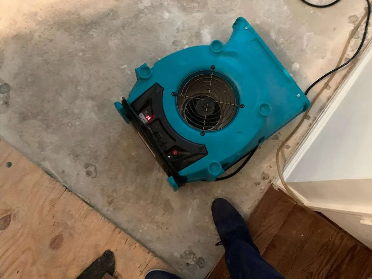 Air mover drying subfloor during Leak Detection & Repair in Independence